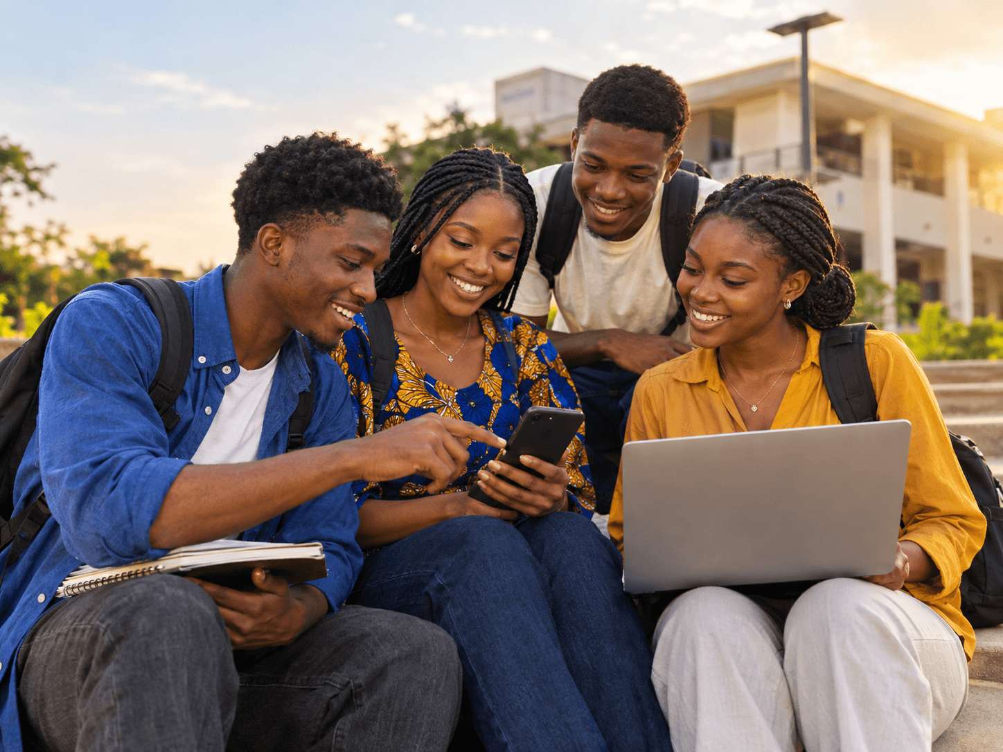 Four Nigerian university students on campus steps, smiling as they look at a phone and a laptop together