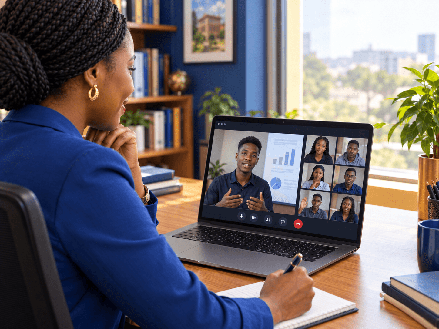 A lecturer taking notes while watching a student present live on her laptop, with classmates' faces shown in a video grid